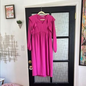 Pink Long Sleeve V-Neck Sundress for Wedding Guest